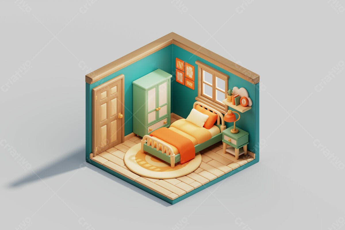 PSD Quarto Infantil Isométrico Azul e Laranja Editável