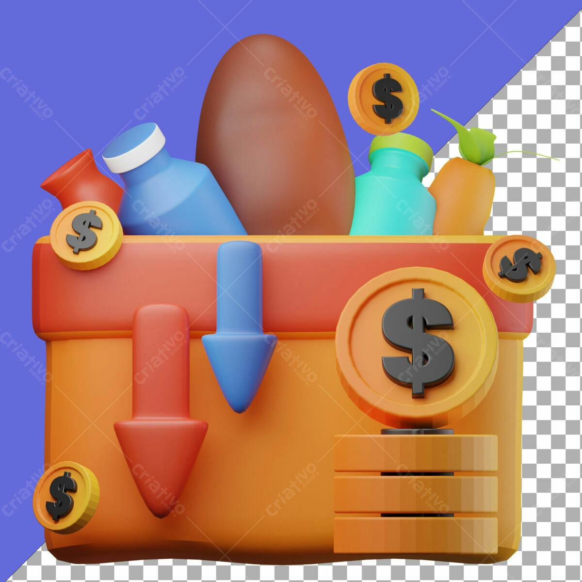 Ilustração cesta de compras com queda de preços PSD Editável