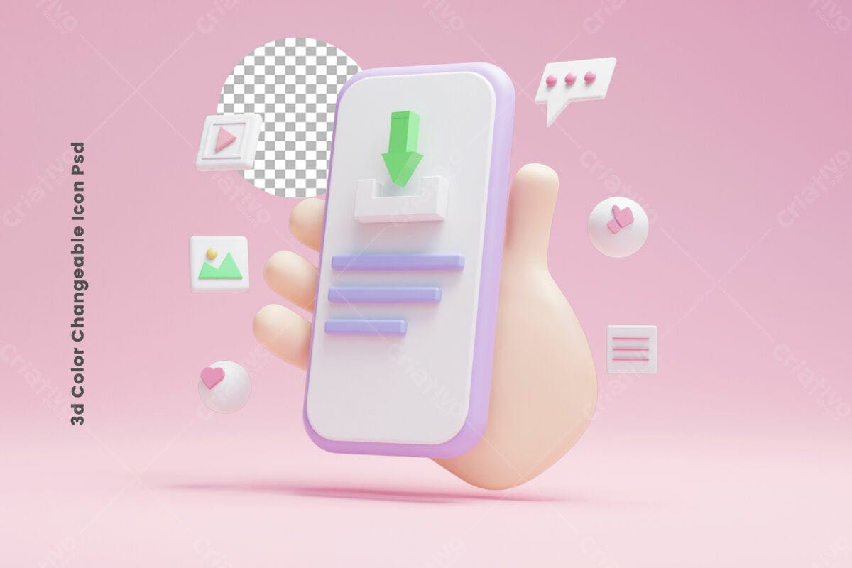 Ícone de Download em 3D PSD Editável