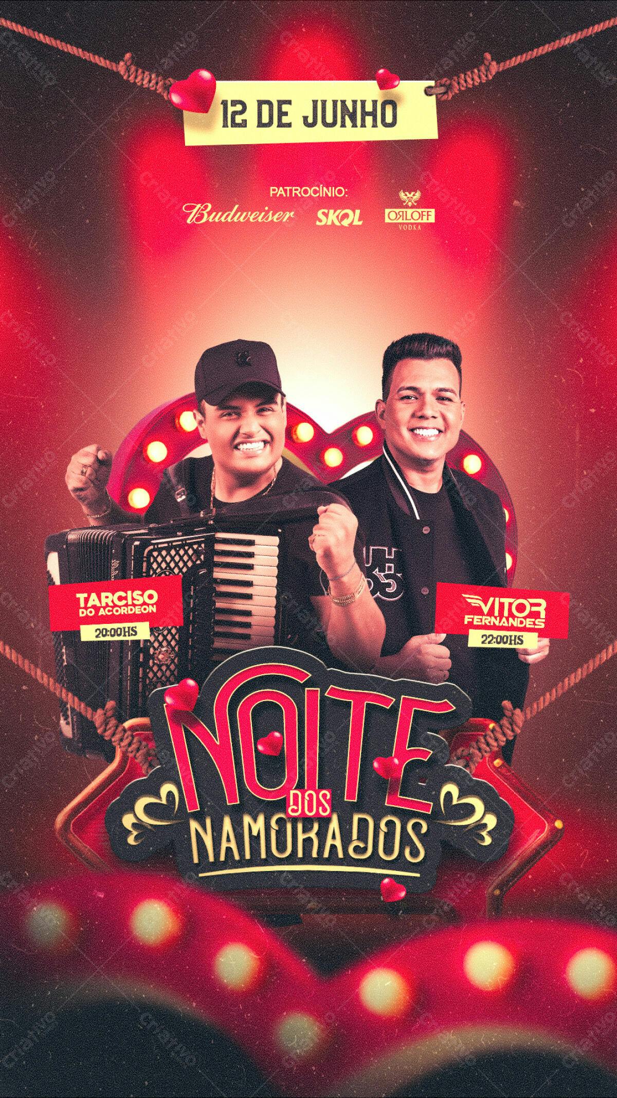 Flyer Noite dos Namorados com Tarcísio e Vitor Fernandes PSD Editável