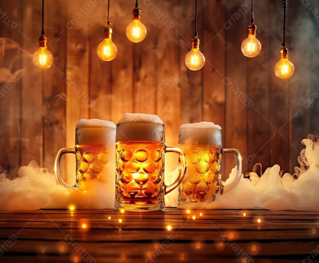 Três Canecas de Cerveja em Ambiente Escuro