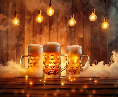 Canecas Com Cerveja Em Um Fundo De Madeira Com Luzes 1