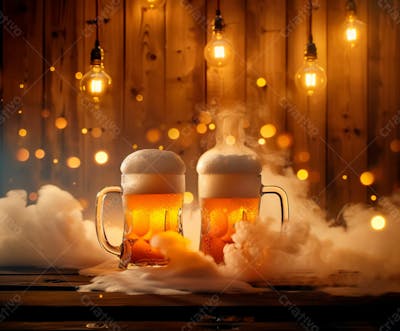 Canecas Com Cerveja Em Um Fundo De Madeira Com Luzes 2