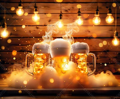 Canecas Com Cerveja Em Um Fundo De Madeira Com Luzes 3