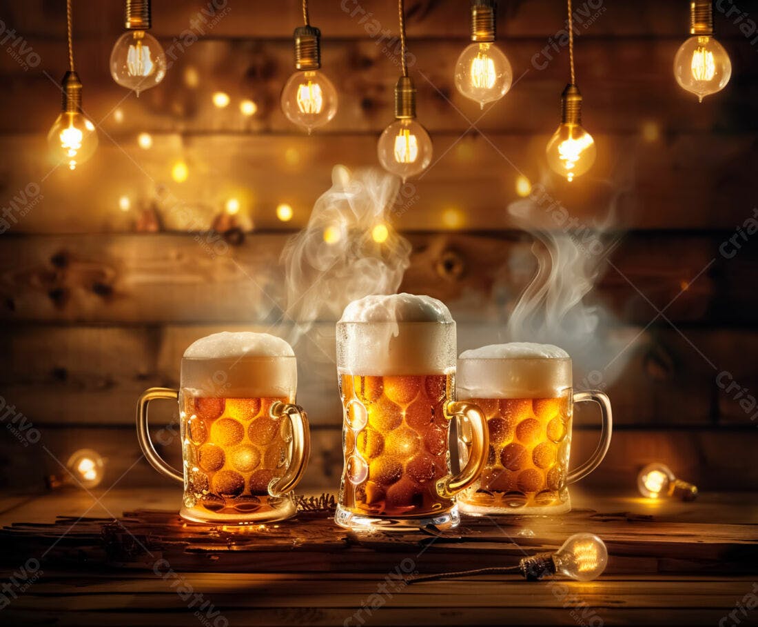 Três canecas de cerveja artesanal em ambiente rústico