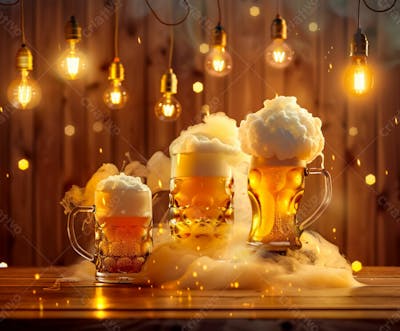 Canecas Com Cerveja Em Um Fundo De Madeira Com Luzes 5