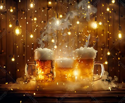 Canecas Com Cerveja Em Um Fundo De Madeira Com Luzes 6
