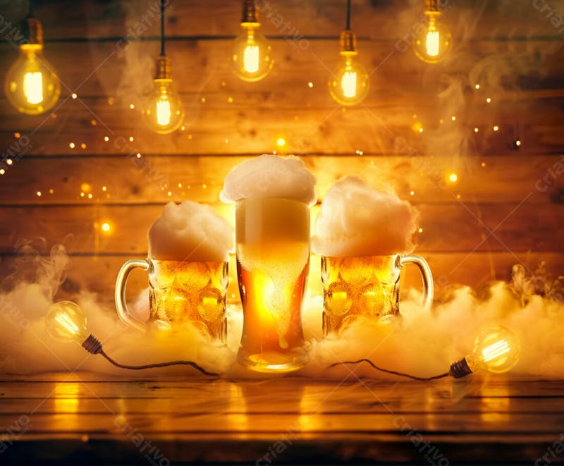 Canecas com cerveja em um fundo de madeira com luzes 7