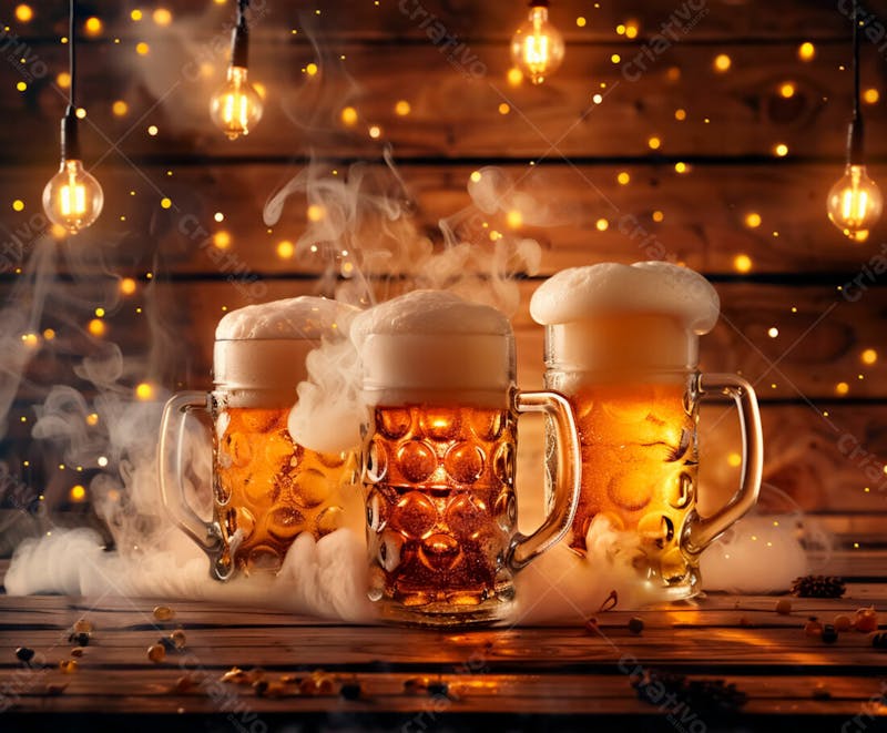 Canecas com cerveja em um fundo de madeira com luzes 8