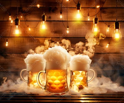 Canecas Com Cerveja Em Um Fundo De Madeira Com Luzes 9