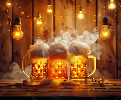 Canecas Com Cerveja Em Um Fundo De Madeira Com Luzes 10