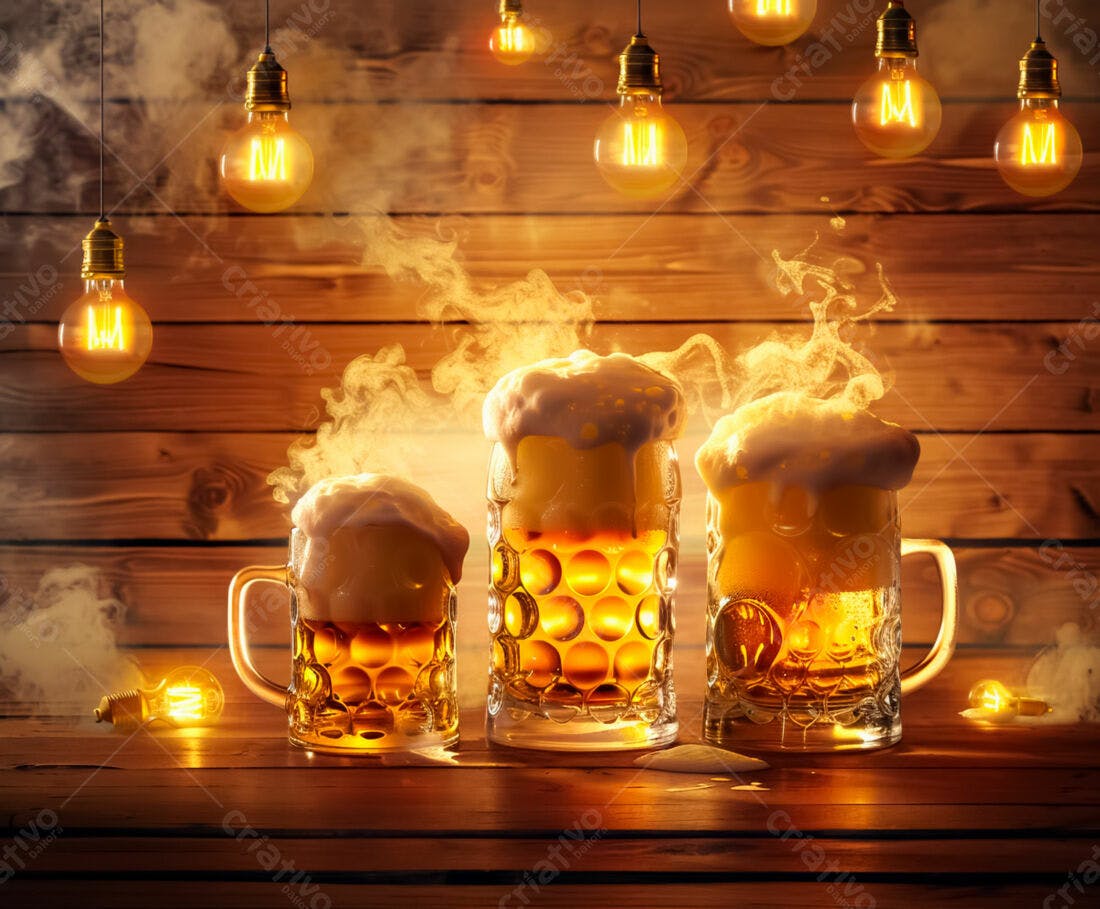Três canecas de cerveja gelada em bar de madeira