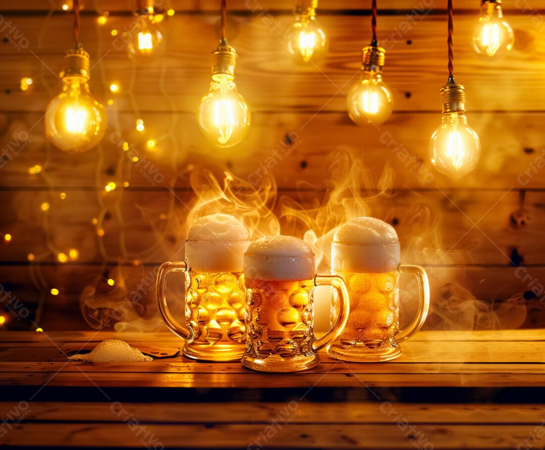 Três Canecas de Cerveja Artesanal em Mesa de Madeira