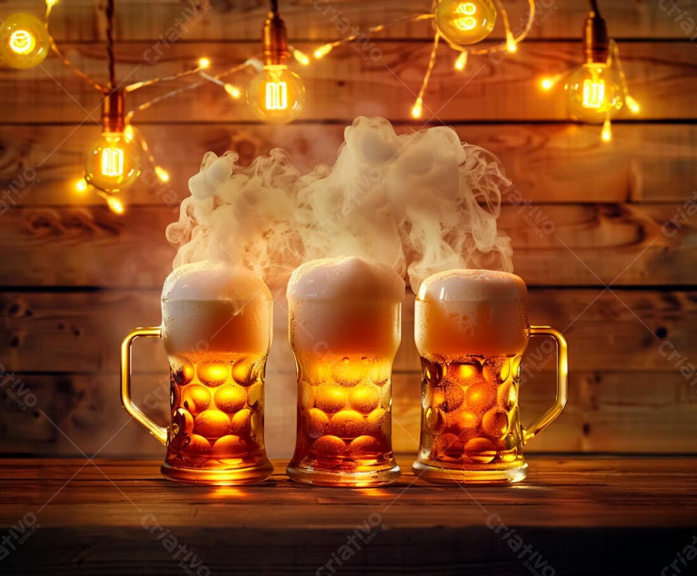 Canecas Com Cerveja Em Um Fundo De Madeira Com Luzes 13