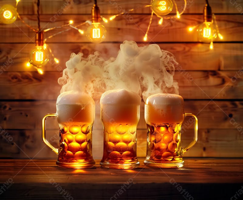 Canecas com cerveja em um fundo de madeira com luzes 13