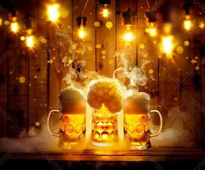 Canecas Com Cerveja Em Um Fundo De Madeira Com Luzes 14