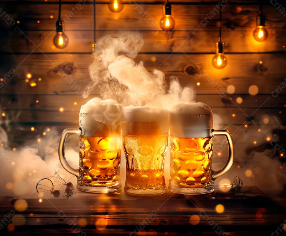 Canecas Com Cerveja Em Um Fundo De Madeira Com Luzes 15