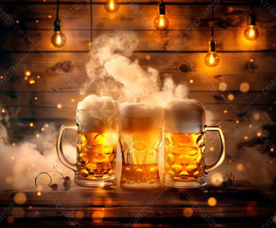 Canecas Com Cerveja Em Um Fundo De Madeira Com Luzes 15