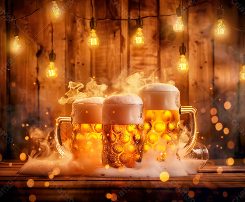 Canecas com cerveja em um fundo de madeira com luzes 16