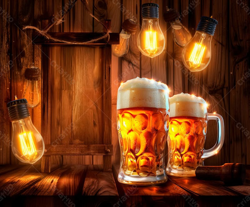 Canecas com cerveja em um fundo de madeira com luzes 17