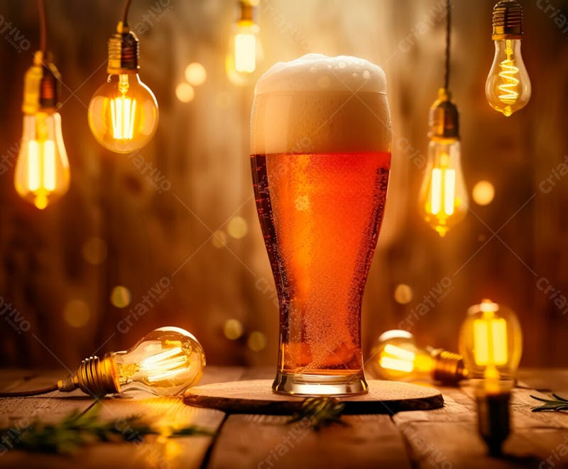 Canecas com cerveja em um fundo de madeira com luzes 18