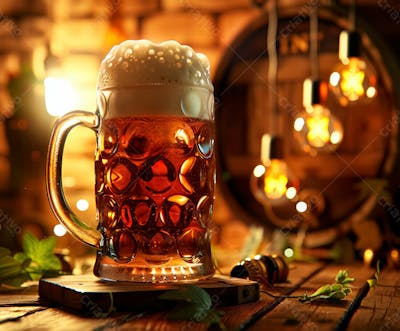 Canecas Com Cerveja Em Um Fundo De Madeira Com Luzes 19