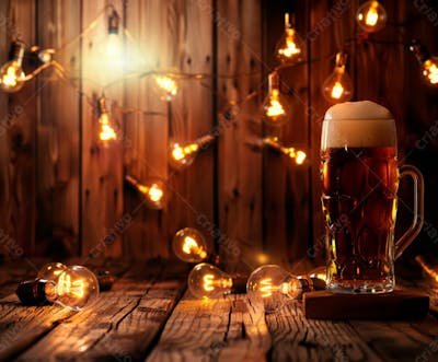 Canecas Com Cerveja Em Um Fundo De Madeira Com Luzes 20