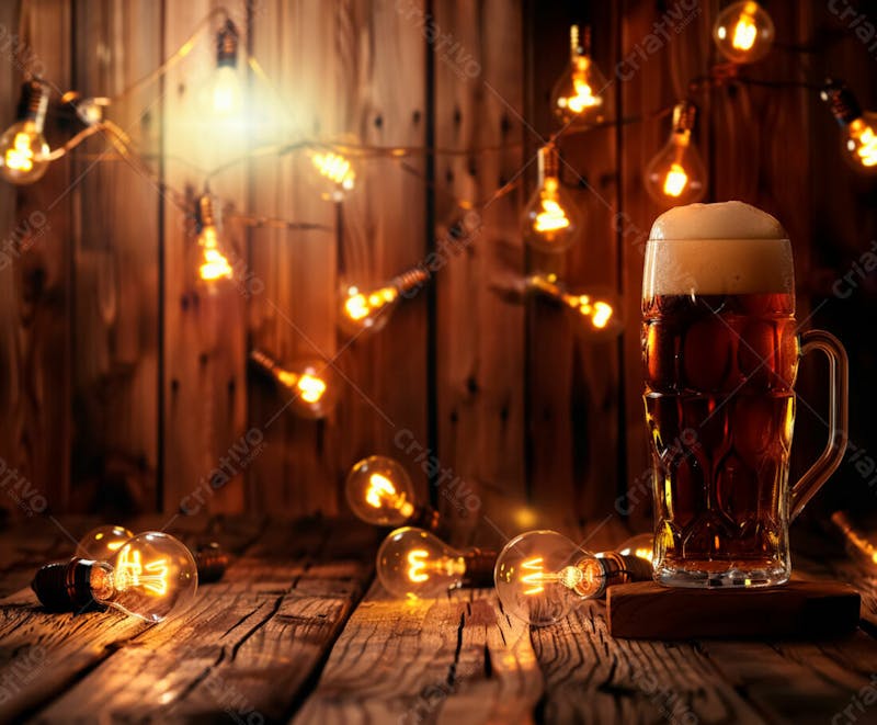 Canecas com cerveja em um fundo de madeira com luzes 20