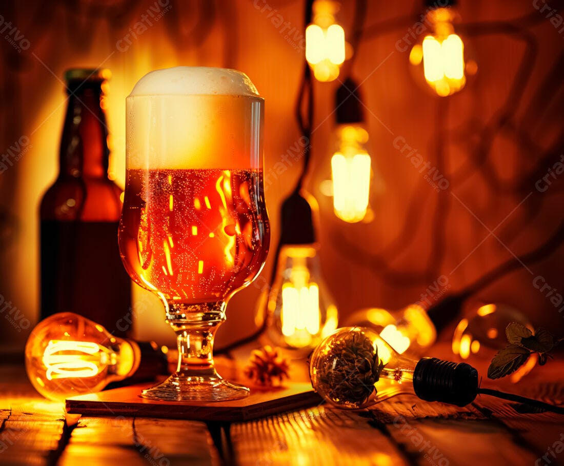 Cerveja artesanal em copo com luzes quentes