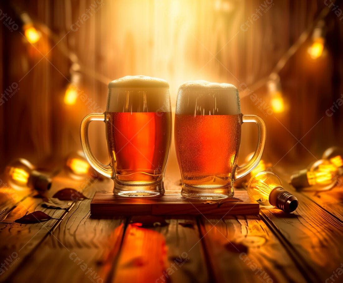 Duas canecas de cerveja artesanal em mesa de madeira