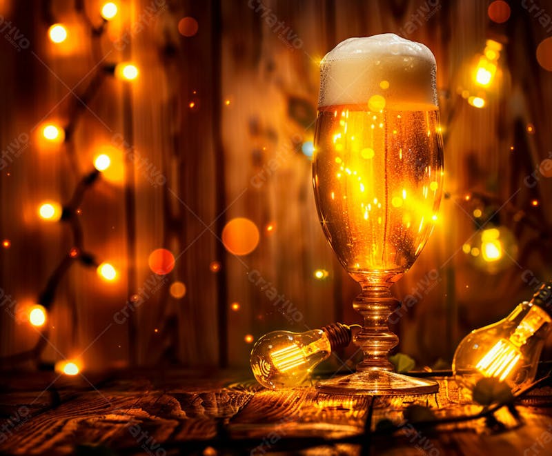 Canecas com cerveja em um fundo de madeira com luzes 23
