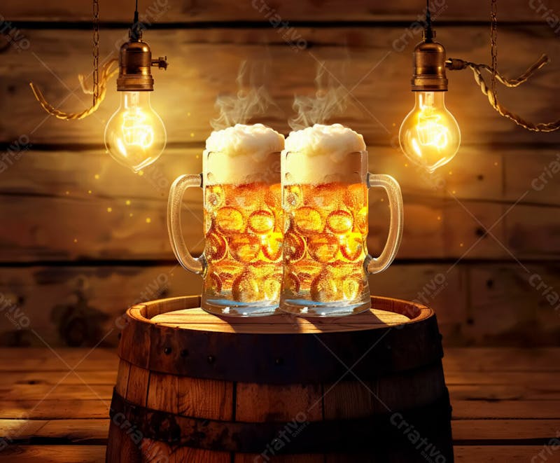 Canecas com cerveja em um fundo de madeira com luzes 25