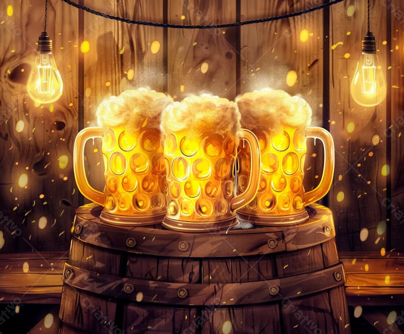 Canecas com cerveja em um fundo de madeira com luzes 26