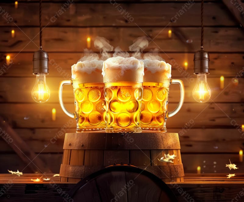 Canecas com cerveja em um fundo de madeira com luzes 27