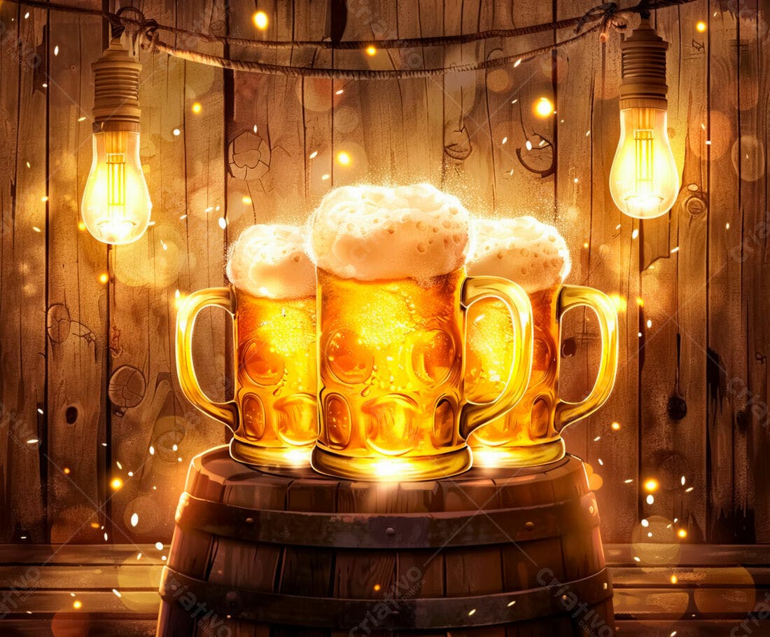 Três Canecas de Cerveja em Barril de Madeira