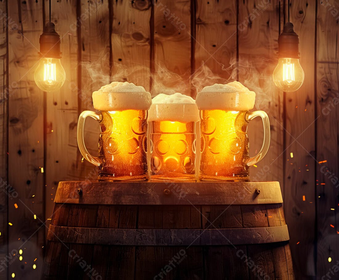 Três canecas de cerveja artesanal sobre barril