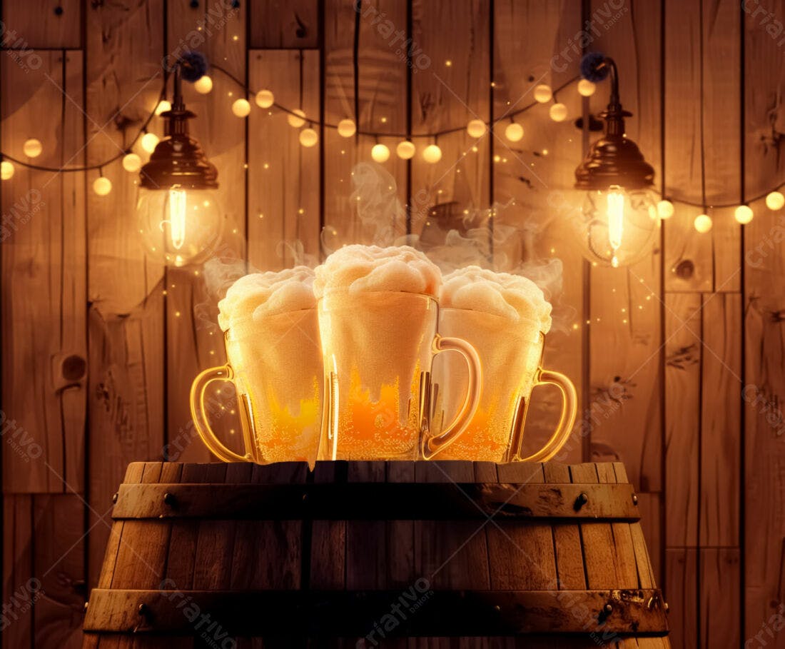 Três Canecas de Cerveja Artesanal em Barril de Madeira