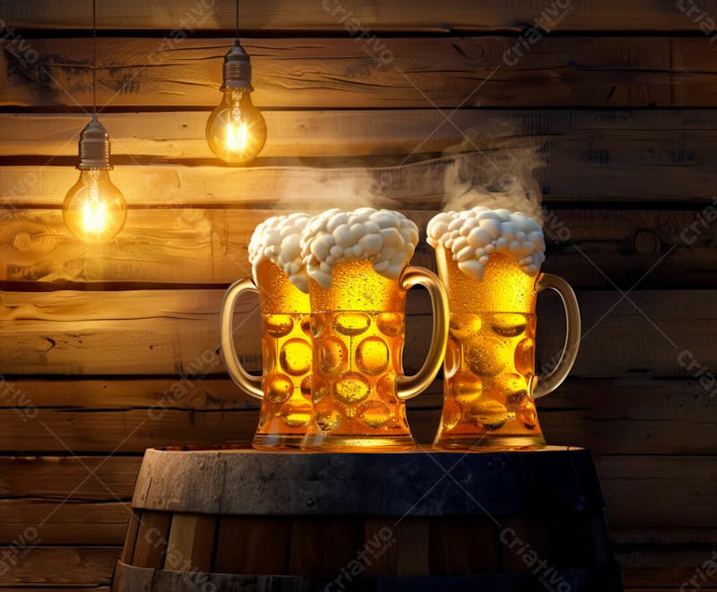 Canecas com cerveja em um fundo de madeira com luzes 31