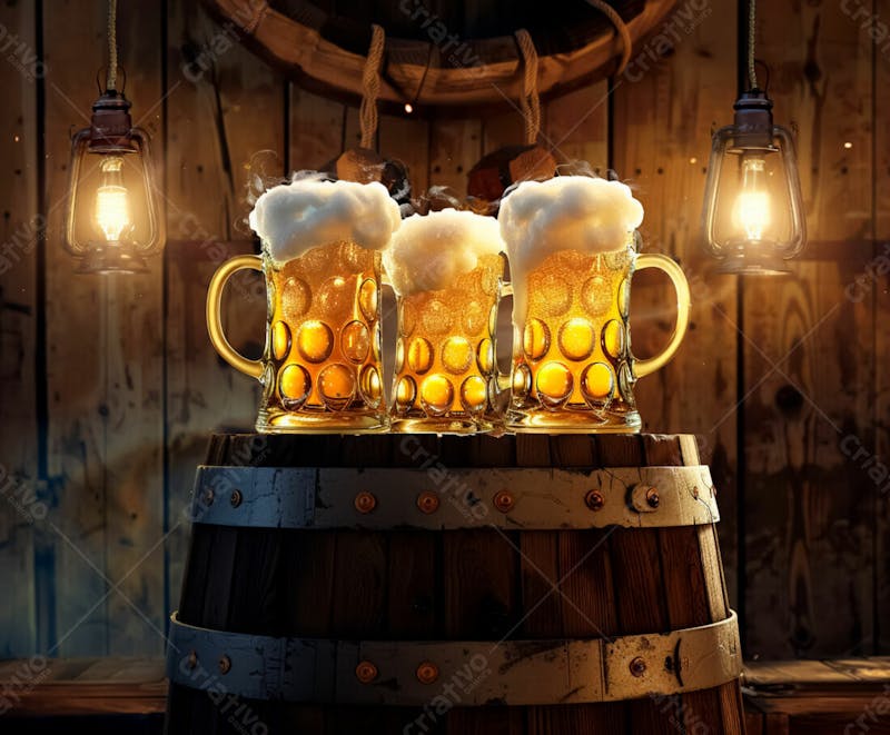 Canecas com cerveja em um fundo de madeira com luzes 32