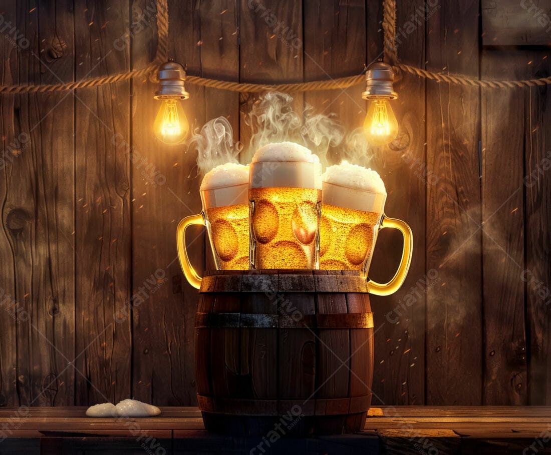 Três canecas de chope sobre barril de madeira