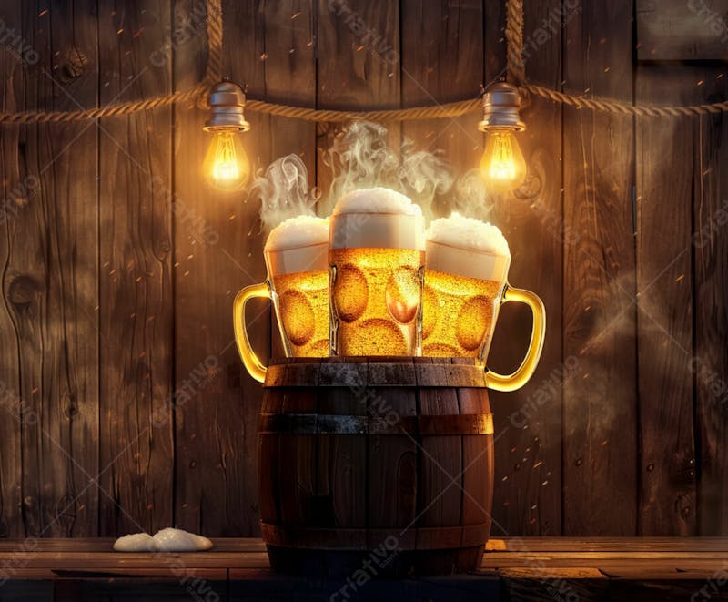 Canecas com cerveja em um fundo de madeira com luzes 33