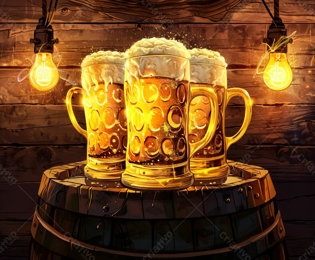Três Canecas de Cerveja em Barril de Madeira