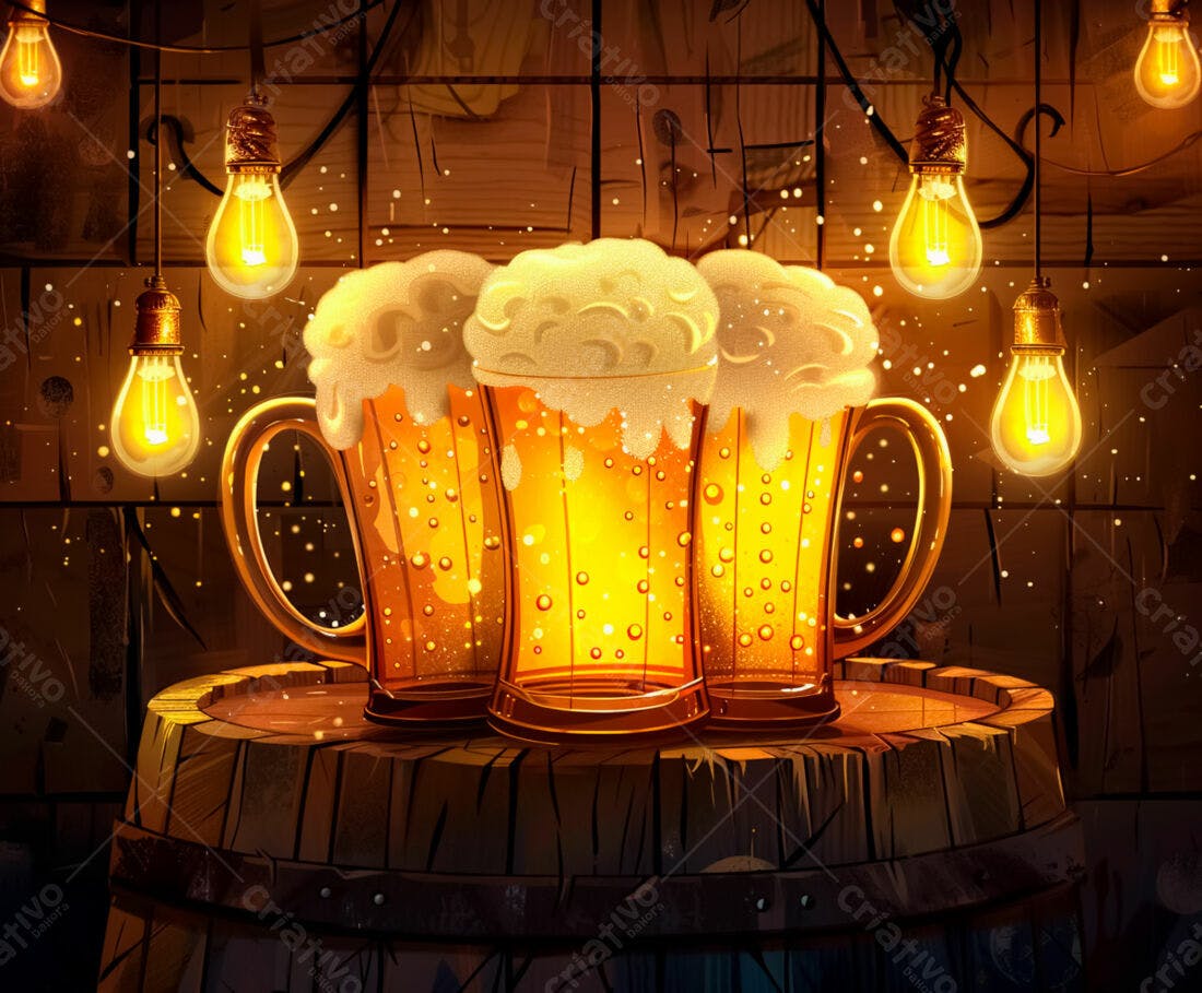 Três canecas de cerveja artesanal em barril de madeira