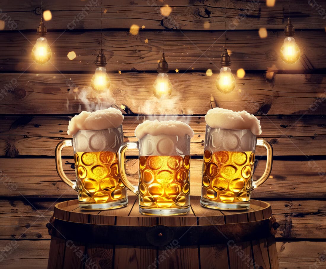 Três canecas de cerveja gelada em barril de madeira