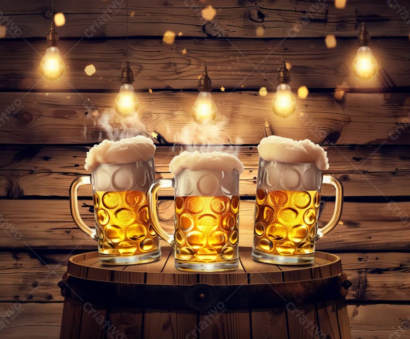 Canecas com cerveja em um fundo de madeira com luzes 36