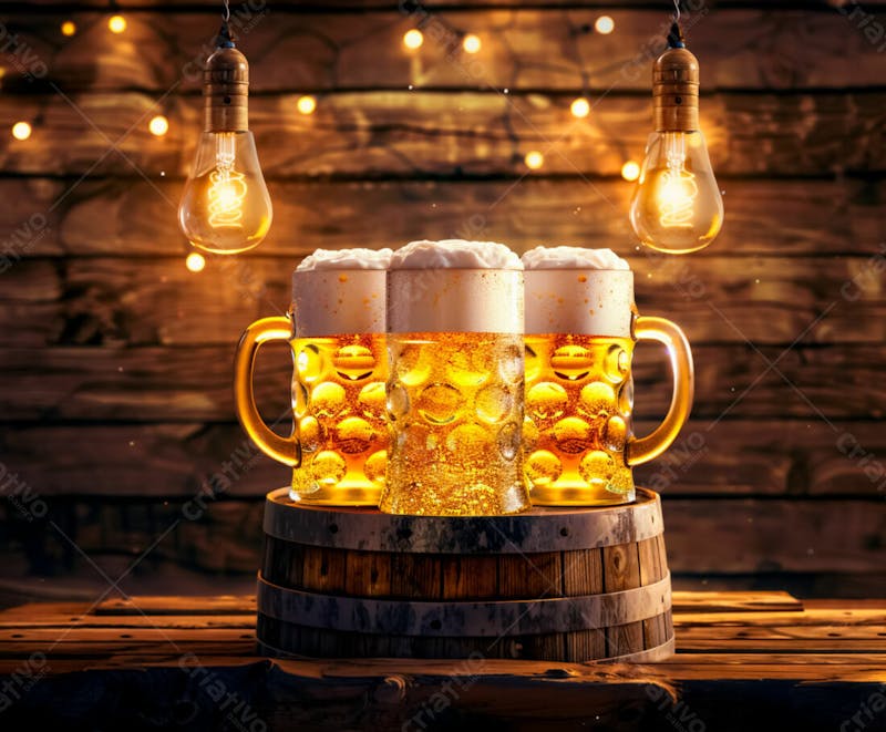 Canecas com cerveja em um fundo de madeira com luzes 37