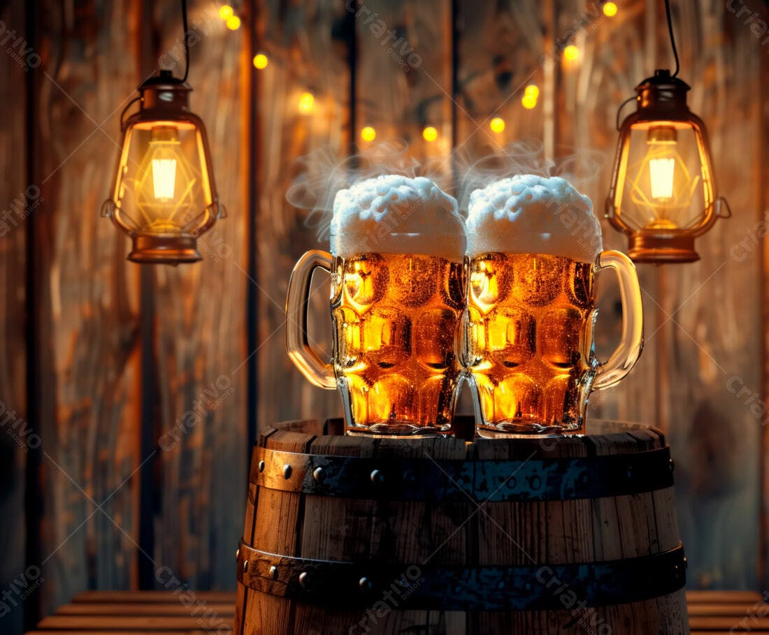 Duas canecas de cerveja artesanal em barril de madeira
