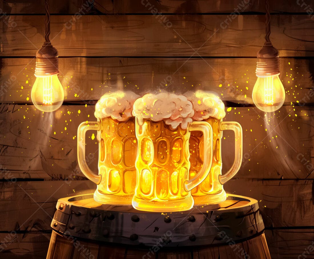 Duas canecas de cerveja artesanal em barril de madeira