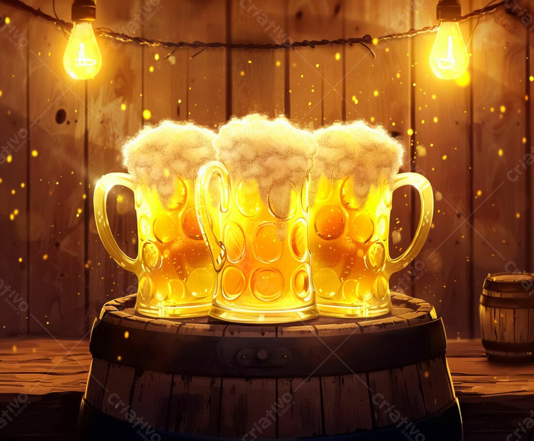 Três canecas de cerveja artesanal em barril de madeira