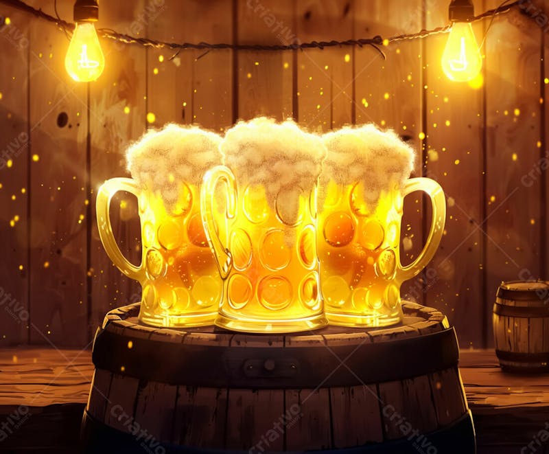 Canecas com cerveja em um fundo de madeira com luzes 40